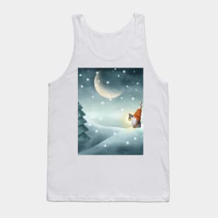 Scandinavian gnome on winter landscape watercolor illustration. Nordic tomte gnome with Christmas tree. Moonlight snow forest Tank Top